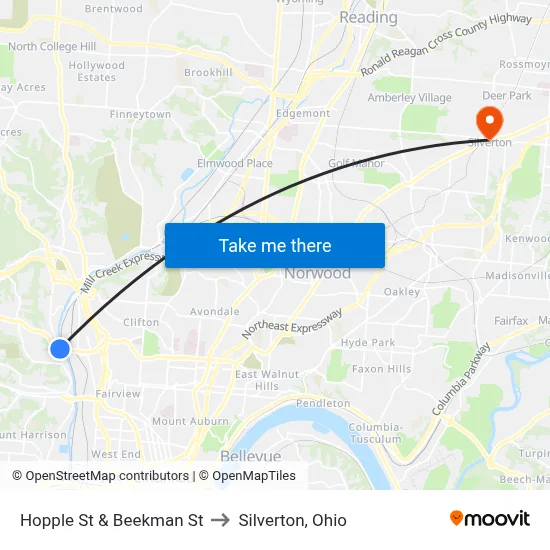 Hopple St & Beekman St to Silverton, Ohio map