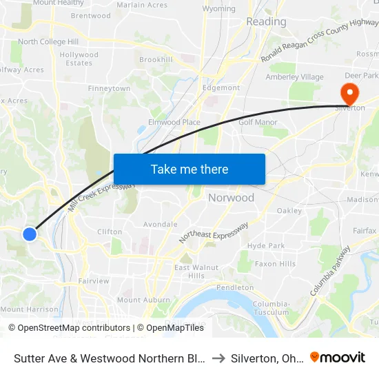 Sutter Ave & Westwood Northern Blvd to Silverton, Ohio map