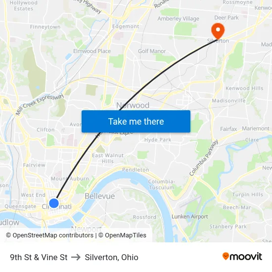 9th St & Vine St to Silverton, Ohio map