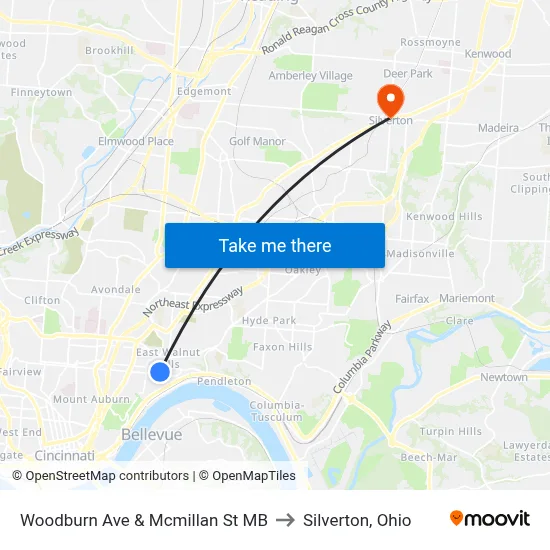 Woodburn Ave & Mcmillan St MB to Silverton, Ohio map