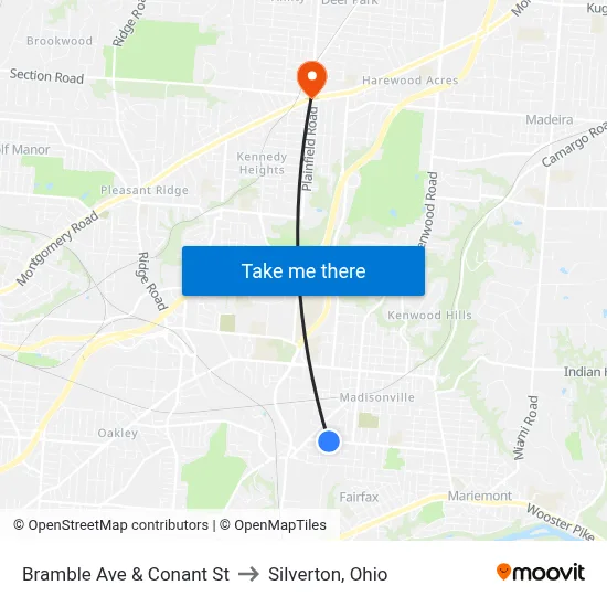 Bramble Ave & Conant St to Silverton, Ohio map