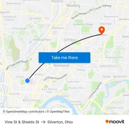 Vine St & Shields St to Silverton, Ohio map