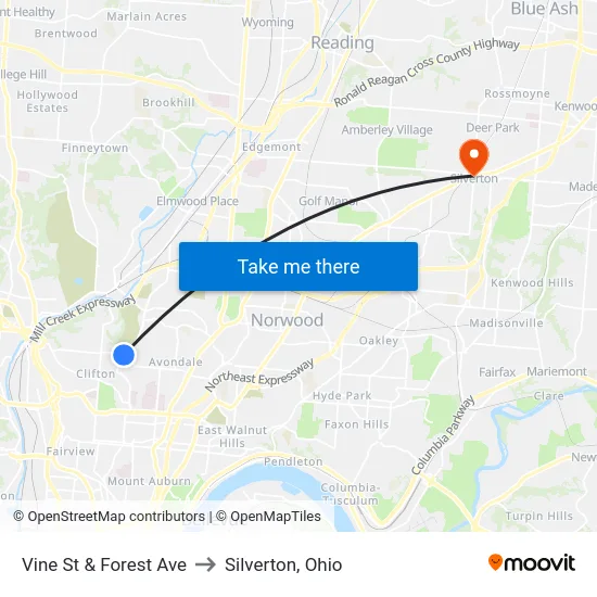 Vine St & Forest Ave to Silverton, Ohio map