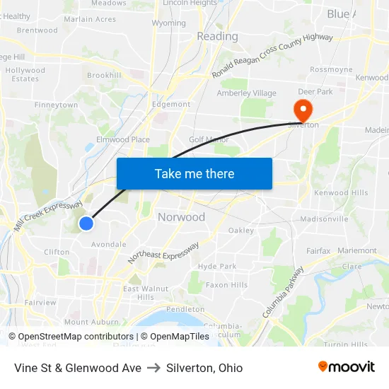 Vine St & Glenwood Ave to Silverton, Ohio map