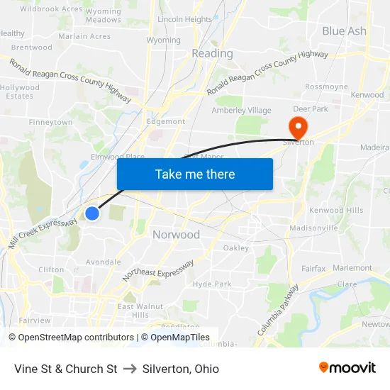 Vine St & Church St to Silverton, Ohio map