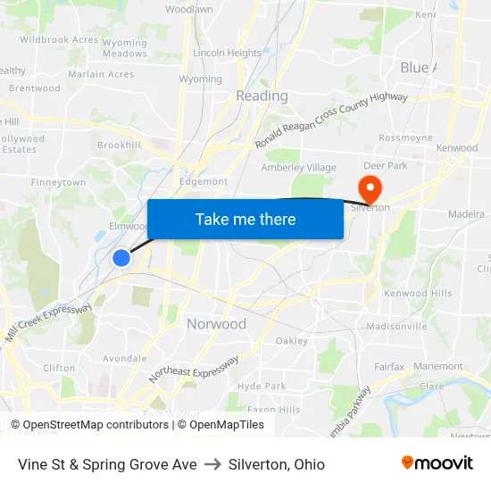 Vine St & Spring Grove Ave to Silverton, Ohio map