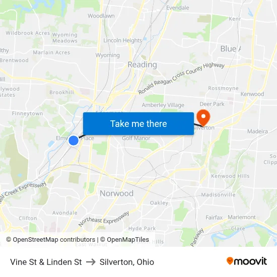Vine St & Linden St to Silverton, Ohio map