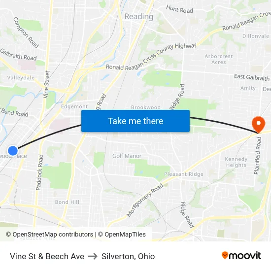 Vine St & Beech Ave to Silverton, Ohio map
