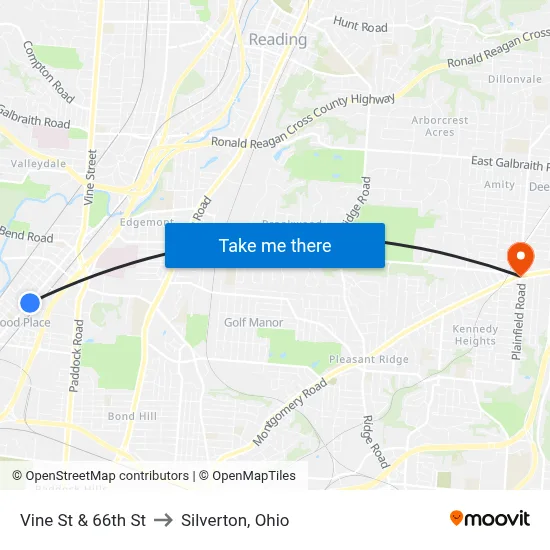 Vine St & 66th St to Silverton, Ohio map