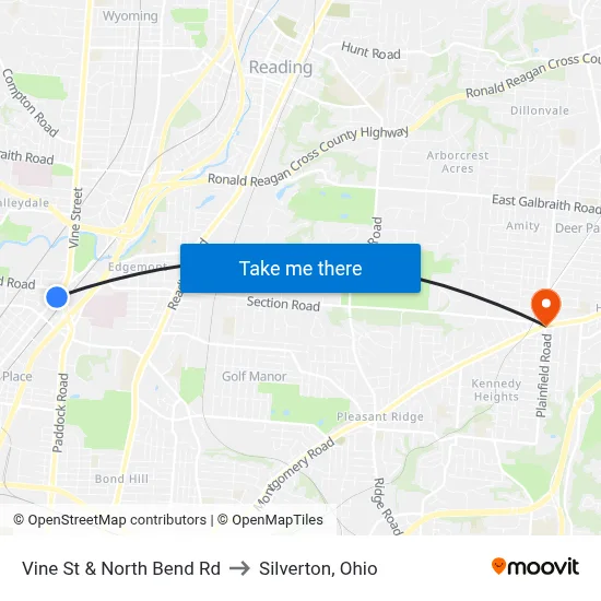 Vine St & North Bend Rd to Silverton, Ohio map