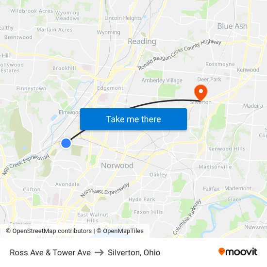 Ross Ave & Tower Ave to Silverton, Ohio map