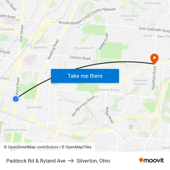 Paddock Rd & Ryland Ave to Silverton, Ohio map