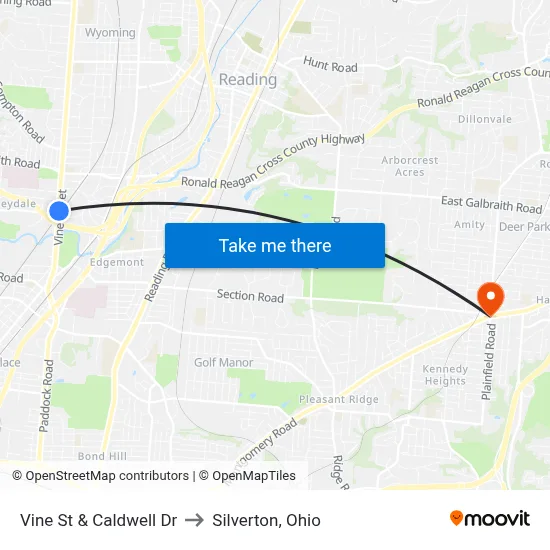Vine St & Caldwell Dr to Silverton, Ohio map