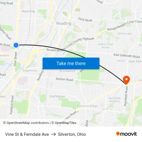 Vine St & Ferndale Ave to Silverton, Ohio map