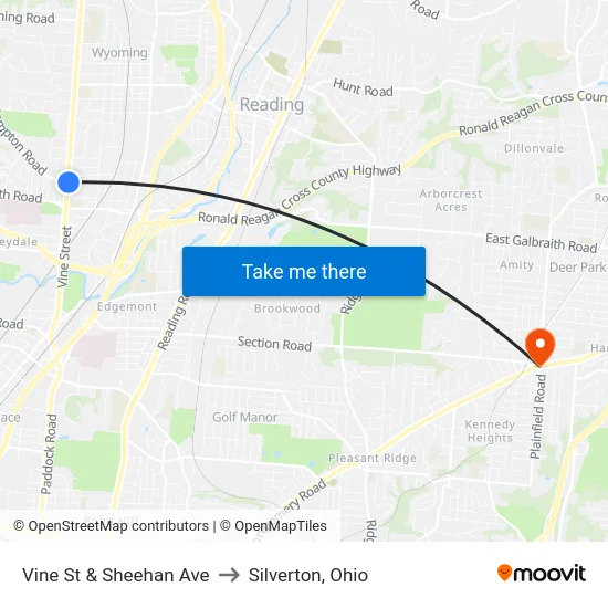 Vine St & Sheehan Ave to Silverton, Ohio map