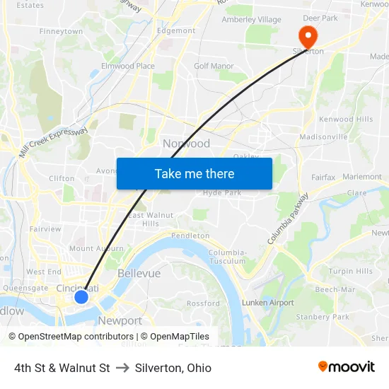 4th St & Walnut St to Silverton, Ohio map