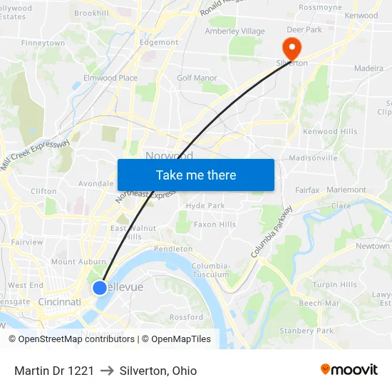Martin Dr 1221 to Silverton, Ohio map