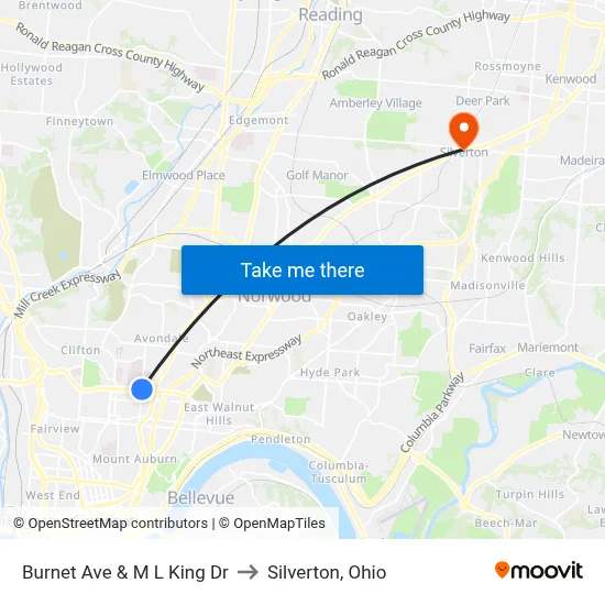 Burnet Ave & M L King Dr to Silverton, Ohio map