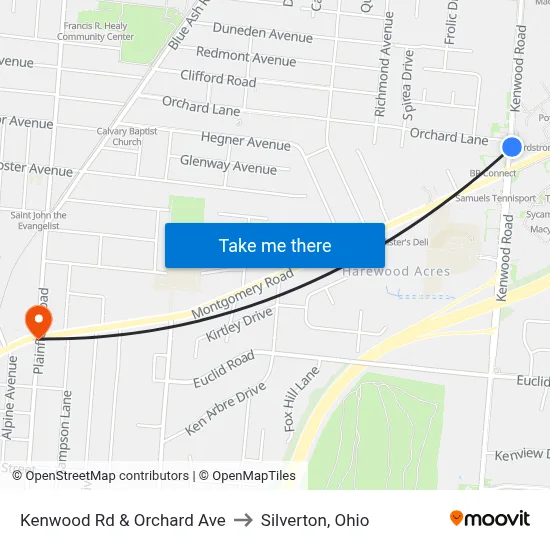 Kenwood Rd & Orchard Ave to Silverton, Ohio map