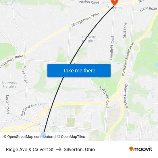 Ridge Ave & Calvert St to Silverton, Ohio map
