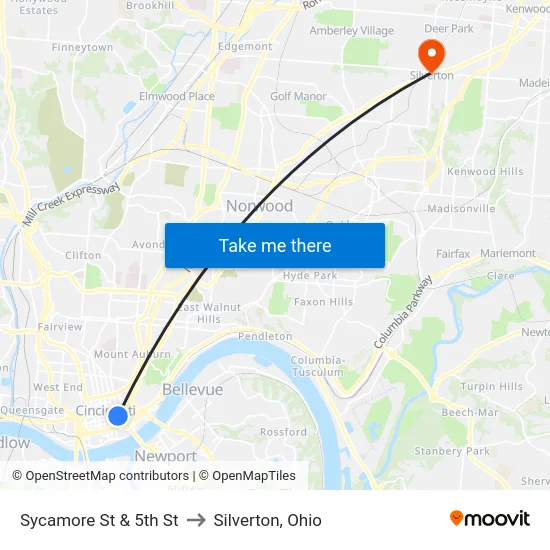 Sycamore St & 5th St to Silverton, Ohio map