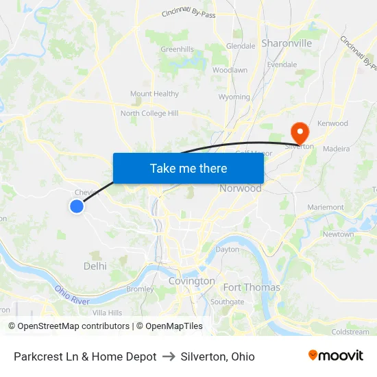 Parkcrest Ln & Home Depot to Silverton, Ohio map