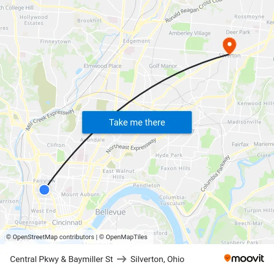Central Pkwy & Baymiller St to Silverton, Ohio map