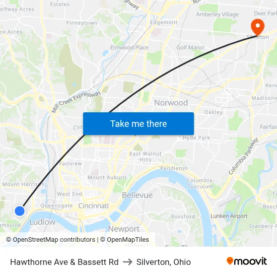 Hawthorne Ave & Bassett Rd to Silverton, Ohio map