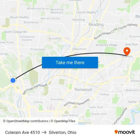 Colerain Ave 4510 to Silverton, Ohio map
