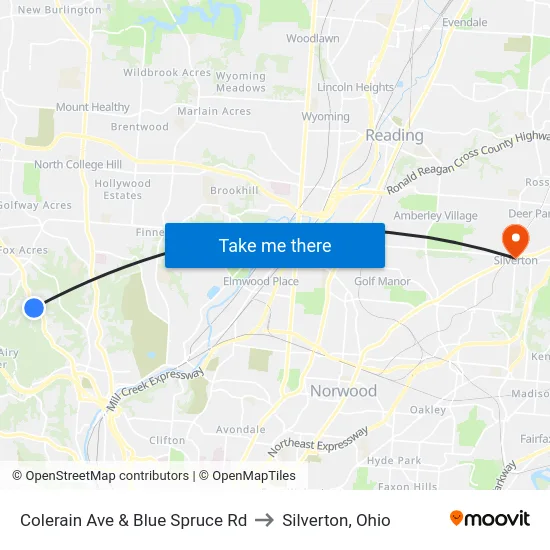 Colerain Ave & Blue Spruce Rd to Silverton, Ohio map