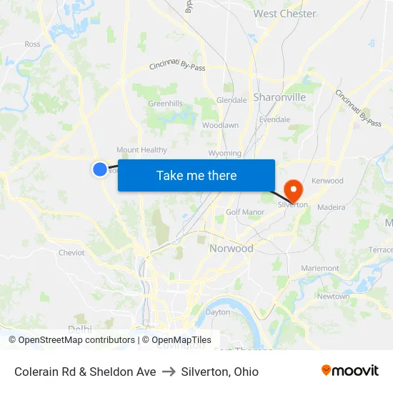 Colerain Rd & Sheldon Ave to Silverton, Ohio map