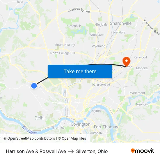 Harrison Ave & Roswell Ave to Silverton, Ohio map