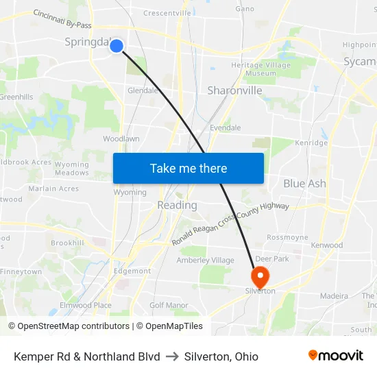 Kemper Rd & Northland Blvd to Silverton, Ohio map
