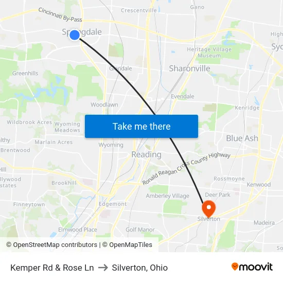 Kemper Rd & Rose Ln to Silverton, Ohio map