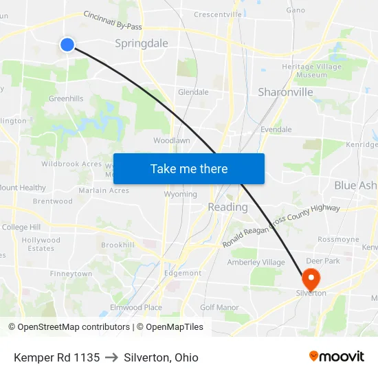 Kemper Rd 1135 to Silverton, Ohio map