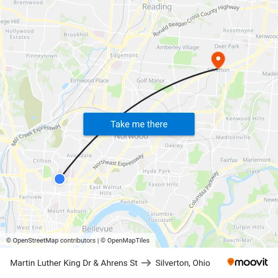 Martin Luther King Dr & Ahrens St to Silverton, Ohio map