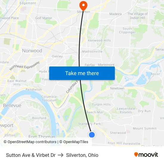 Sutton Ave & Virbet Dr to Silverton, Ohio map
