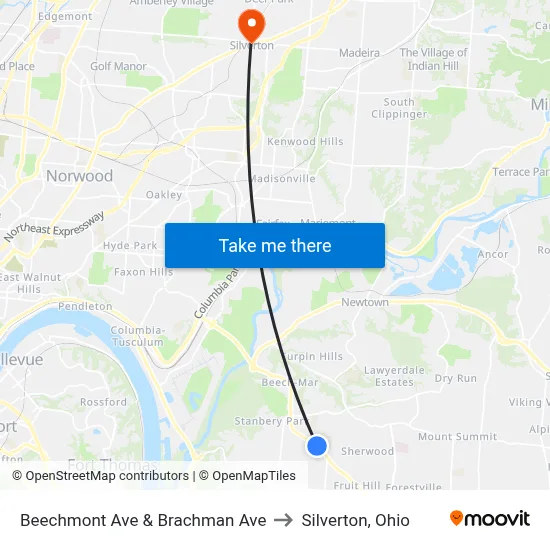 Beechmont Ave & Brachman Ave to Silverton, Ohio map