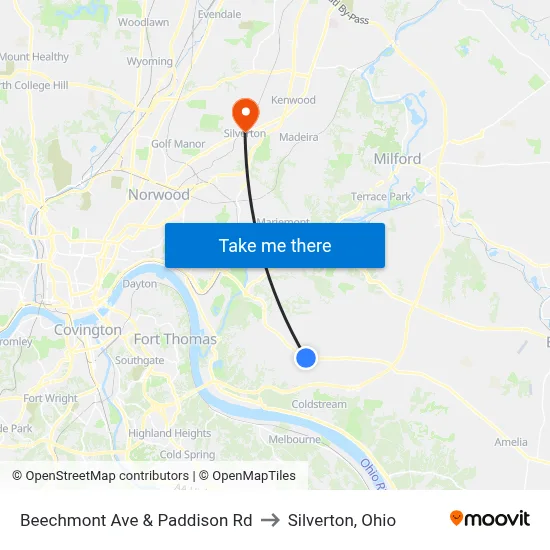 Beechmont Ave & Paddison Rd to Silverton, Ohio map