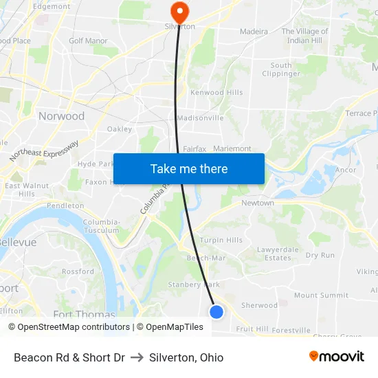 Beacon Rd & Short Dr to Silverton, Ohio map