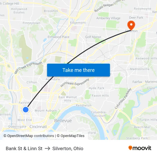 Bank St & Linn St to Silverton, Ohio map