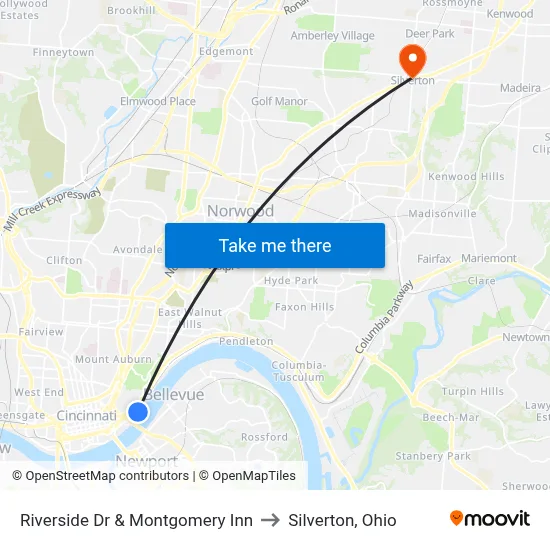 Riverside Dr & Montgomery Inn to Silverton, Ohio map