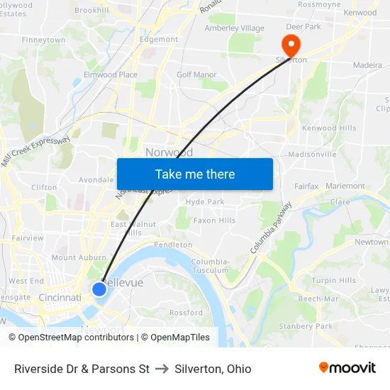 Riverside Dr & Parsons St to Silverton, Ohio map