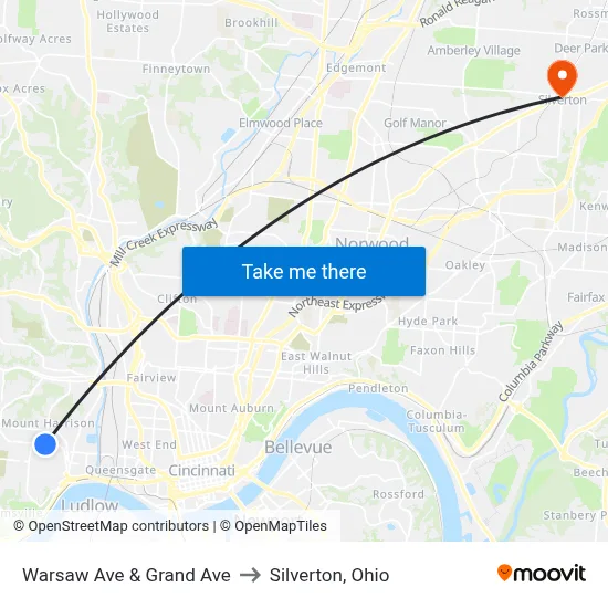 Warsaw Ave & Grand Ave to Silverton, Ohio map