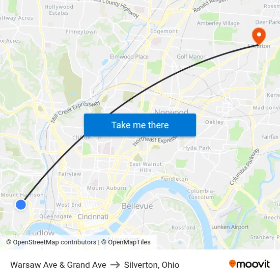 Warsaw Ave & Grand Ave to Silverton, Ohio map
