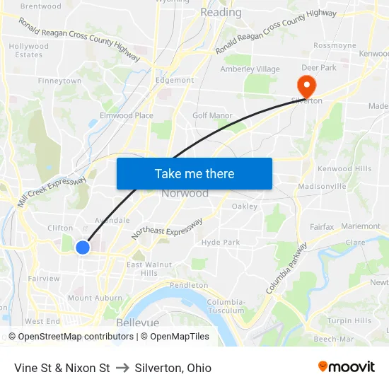 Vine St & Nixon St to Silverton, Ohio map