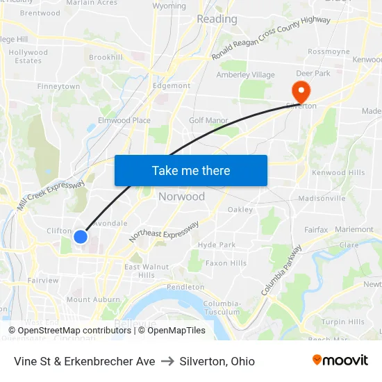 Vine St & Erkenbrecher Ave to Silverton, Ohio map