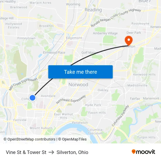 Vine St & Tower St to Silverton, Ohio map