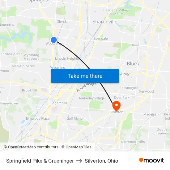 Springfield Pike & Grueninger to Silverton, Ohio map