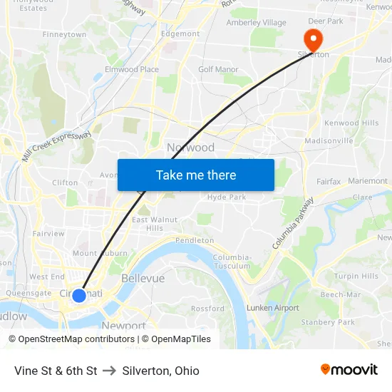 Vine St & 6th St to Silverton, Ohio map